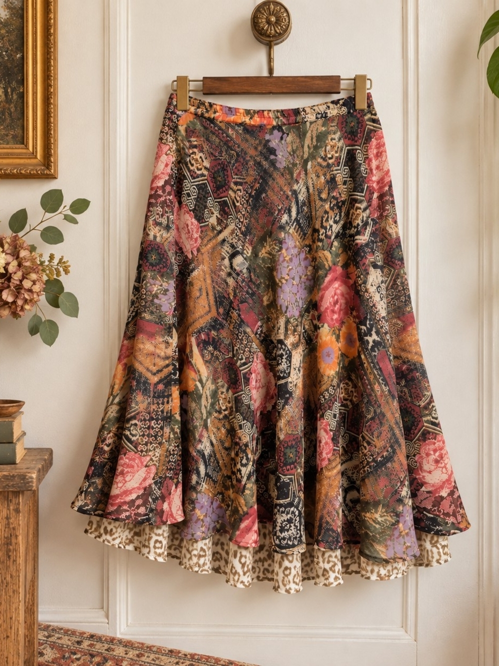 Coldwater Creek Small Oversized Boho Patchwork Floral Midi Skirt